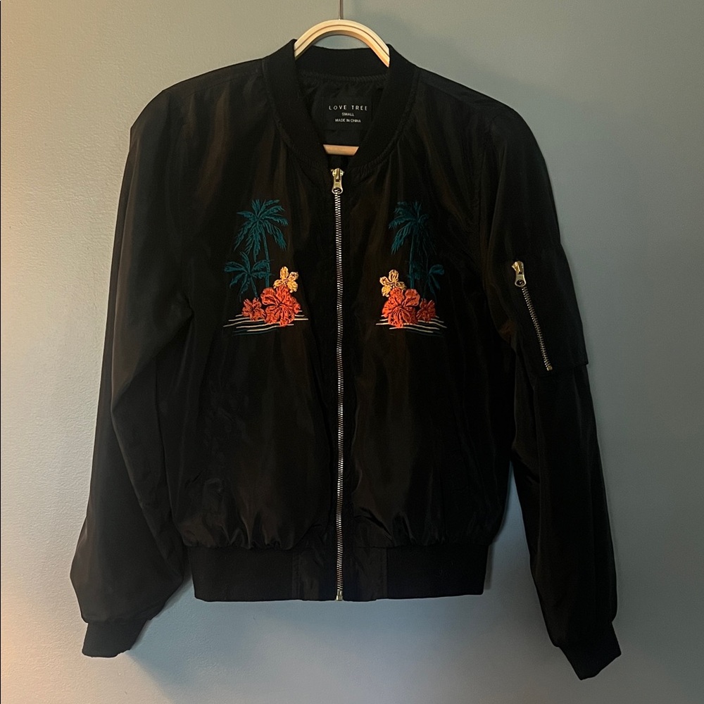 Love Tree Black Bomber Jacket with Teal Palm & Orange Floral Embroidery